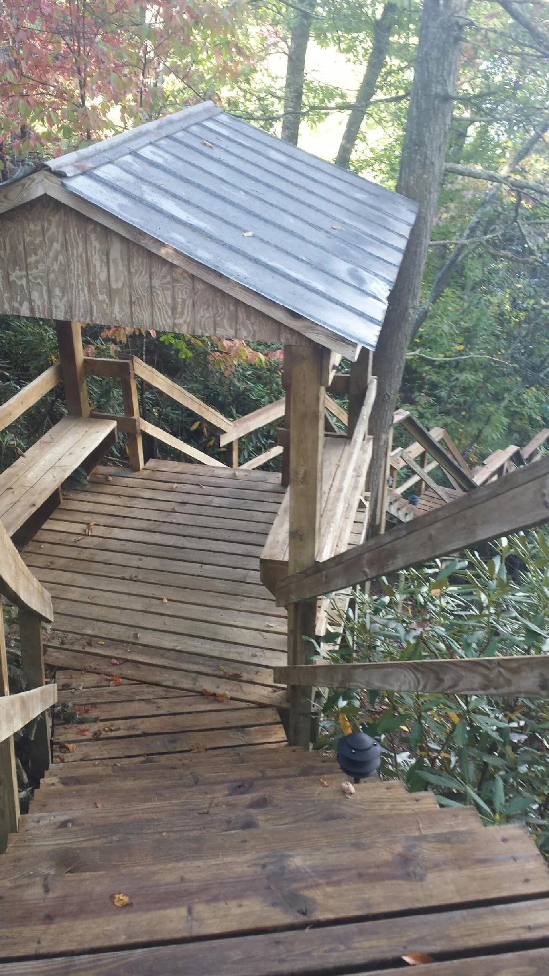 Metal roofed shelter over wooden steps on a wooded walkway — Skylight Repair & Installation work by our crew in Mount Enterprise
